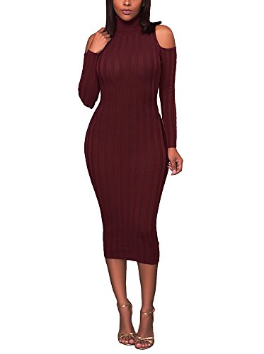 Necooer Womens Turtleneck Sweater Dress Sexy Cold Shoulder Slim Knit Stretch Long Sleeve Bodycon Dress (X-Large, Red Wine)