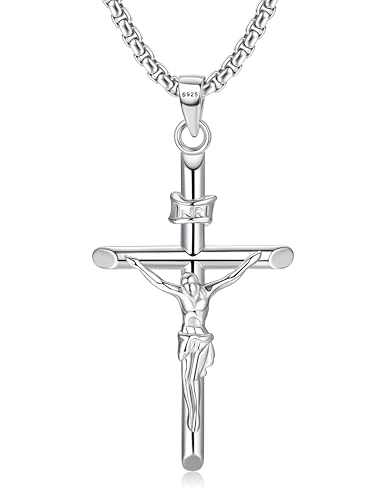 MILACOLATO 925 Sterling Silver Crucifix Necklace for Men Women, 2mm Sterling Silver Rolo Chain with Small or Large Crucifix Pendant, Jesus Crucifix Cross Necklace 16-24 Inches Christian Religious Jewelry Gifts