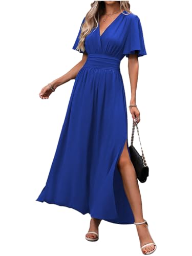 LUVCES Robe Longue Femme Chic et Élégante Col V Plissée