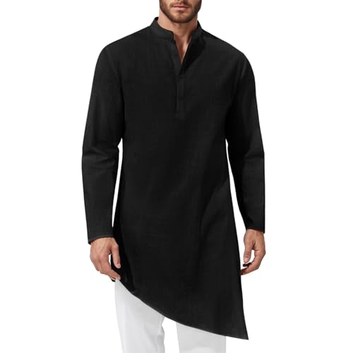 Mens Kaftan Thobe Cotton Linen Muslim Tunic Shirt Long Sleeve Stand Collar Button Up Robe Casual Dress Gown Arabic Clothing 02 Black Medium