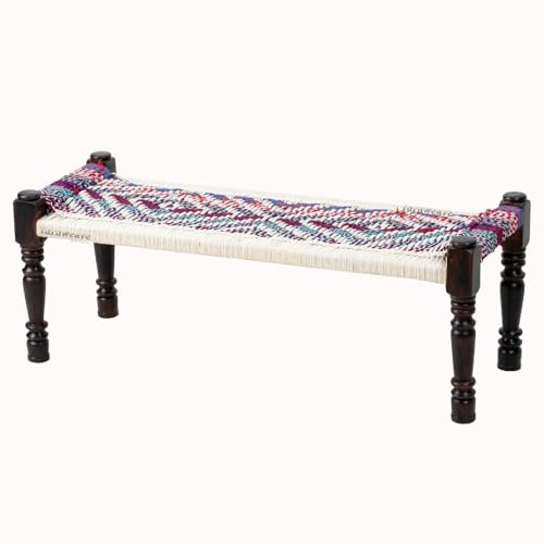 Image of Wooden Bench for Seating | Handcrafted Sheesham Wood Bench for Living Room, Balcony & Garden | Traditional Patio for Outdoor with Cotton Handwoven Rope | White and Multicolor