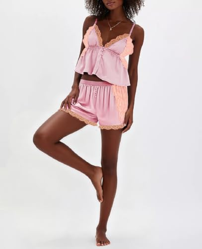 Image of ROAONOCOMO Women Lace Trim Pj Shorts Set Square Neck Coquette Tank Top Silk Satin Pajama Set Babydoll 2 Piece Shorts Outfit