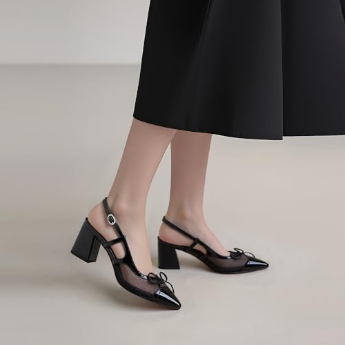 Women’s Black Pointed Toe High Heels – Elegant Mesh Bowknot Block Heel Pumps with Ankle Strap for Party Wedding Office Wear4