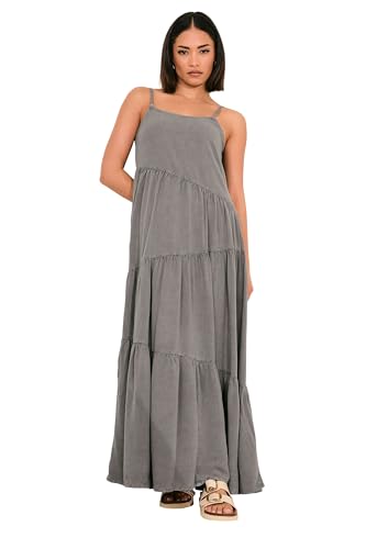 PixieGirl Petite Grey Acid Wash Asymmetric Tiered Maxi Dress Petite