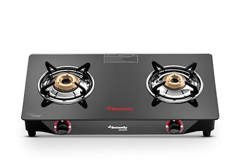 Butterfly Smart 2 Burner Glass Top Gas Stove | Manual Ignition | Scratch Resistant Toughened Glass | Brass Burners | Skid-proof Legs | 1 Year Manufacturer's Warranty | Black