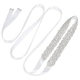 JasGood Braut Strass Hochzeit Gürtel Handgemachtes Silber Kristall Strass Brautkleid Schärpe Gürtel Brautgürtel für Brautkleider, Weiß, 43cm(Strass)+255cm(Schleife)