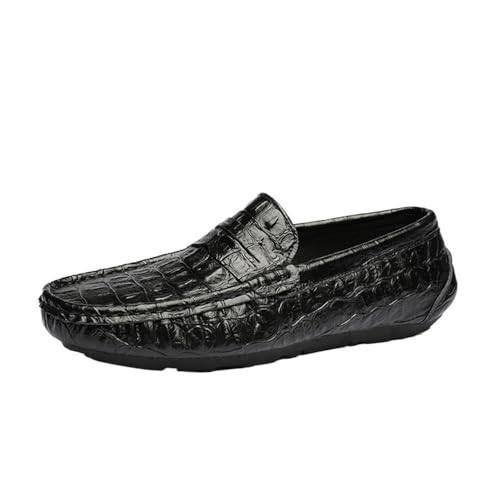 Flat Heel Flexible Lightweight Party Prom Slip On Mens Loafers Crocodile Grain Stitching Detailed Round Toe Genuine Leather