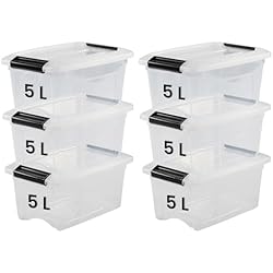 Cajas De Plastico Jabas Iris Ohyama, Juego de 6 cajas de almacenamiento, 5 L, con cierre a presión, apilable, sala de estar, dormitorio, garaje - New Top Box NTB-5 - Transparente