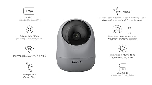 Vimar 46303.DG Telecamera Pt Ip Wi-Fi Motorizzata Tracciamento Intelligente, 2K 4Mpx 2560X1440 Ob 3.6Mm 95° Visione Notturna Ir 10M Rilevazione Movimento Filtro Persone, Notifiche App View Camera - 2