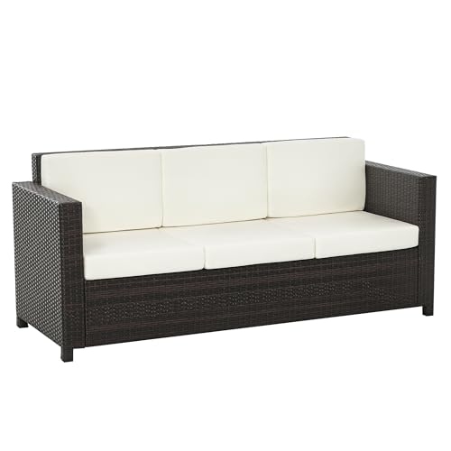 Outsunny Poly-Rattan Sofa mit Kissen 3-Sitzer Garten Loungesofa Metall Polyester Braun+Weiß 185 x 70 x 80 cm