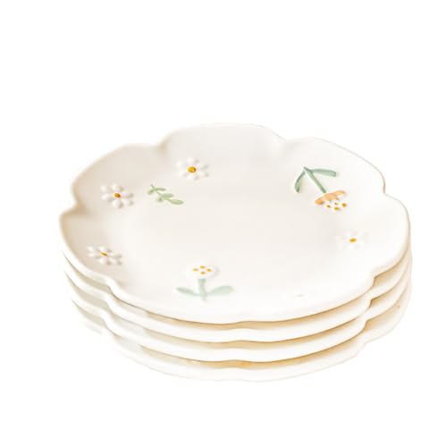 Bicuzat Embossed Flower Pattern Ceramic Seasoning Dishes, Sushi Dipping Bowls, Appetizer Plates, Dessert Plates, Food Serving Dishes for Kitchen, Tabletop, 4 PCS, 6 Inch
