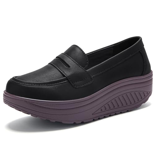 OXNGDMDM Women's Platform Rocking Loafers Fashion Leather Round Toe Good Arch Support Wedge Increase Slip-On Non Slip Mom Work Nurse Shoes for Outdoor Walking Driving (Black,8)