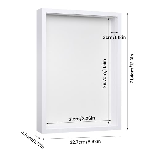 3D Bilderrahmen zum Befüllen 21x29,7 cm, A4 3cm Tiefer Objektrahmen mit Transparente Acrylplatte Rahmen, Bilderrahmen Tief für Blumen Fotos Erinnerungsstücke DIY Kunstwerke