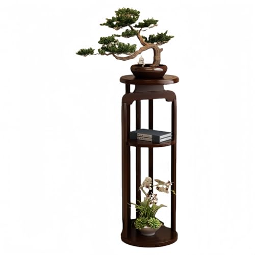 pinagu竹製 花スタンド プランタースタンド 和風 丸型 インテリア エントランス リビング ガーデン 観葉植物 飾り棚 おしゃれ 日本風 (大サイズ,赤茶色)