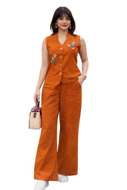 Image of Lyssa Yellow Ember Embroidered Co-Ord Set for Women, Sleeveless Vest with Wide-Leg Trousers
