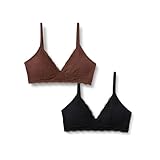 Amazon Essentials Women's Peached Microfibre with Lace Trim Lined V Neck Bralette, Pack of 2, Black/Rich Hazel, Small