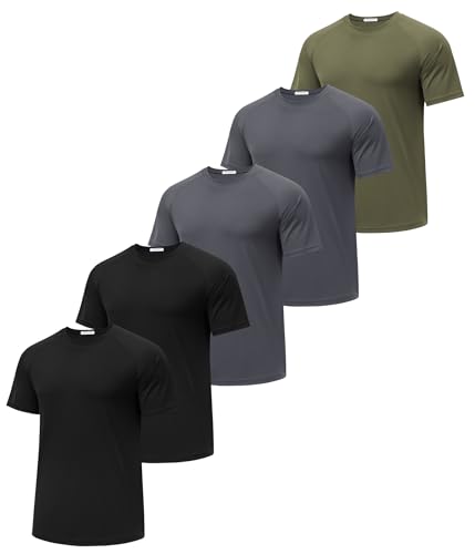 PINSPARK 5 Pack Gym Workout Shirts for Men Short Sleeve Moisture Wicking Athletic Tshirts Multipack Plain Crewneck Tees Shirt