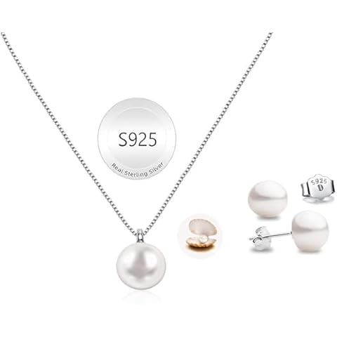Freshwater Pearl Necklace and Earring Set for Women Includes 925 Sterling Silver Pearl Stud Earrings and a Pearl Pendant Necklace | Hypoallergenic Jewelry Set with Genuine Cultured Pearls Cover