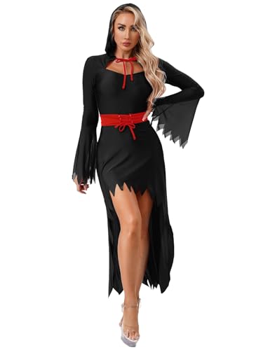 YiZYiF Teufel Damen Kostüm Kleid Halloween Kostüm Fasching Hölle Devil Cosplay Mottoparty Outfit Schwarz M