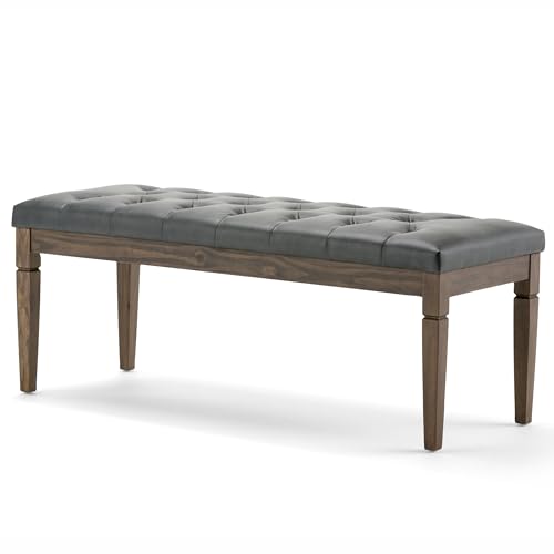SIMPLIHOME Waverly 48 inch Wide Traditional Rectangle Tufted Ottoman Bench in Slate Grey Vegan Faux Leather, Assembled, For the Living Room and Bedroom