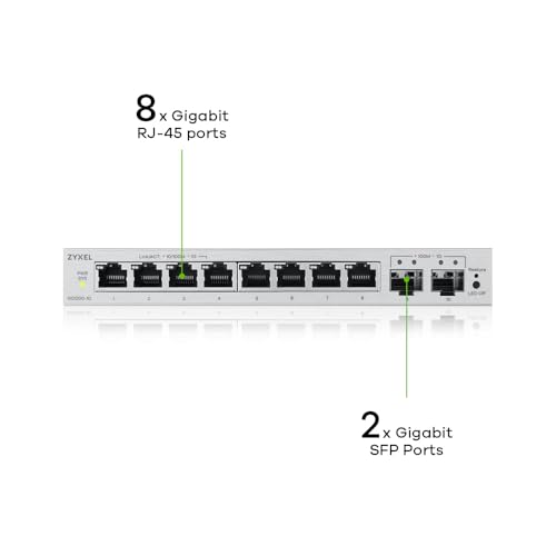 Image of Zyxel 8-Port Network Switch | Web Managed Gigabit Ethernet Splitter | 8X GbE + 2X SFP Ports | QoS, Link Aggregation, VLAN, IGMP Snooping | Fanless | Desktop | GS1200-10v3