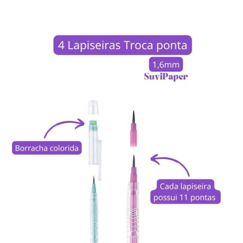 Kit Lapiseira Troca Ponta 4 Unidades com Borracha na Tampa Tom Pastel Escrita 1.6mm Escolar