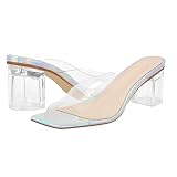 LISHAN Square Open Toe Clear Mid Block Heel Mules Slip on Slide Sandals for Women Metallic Size 12