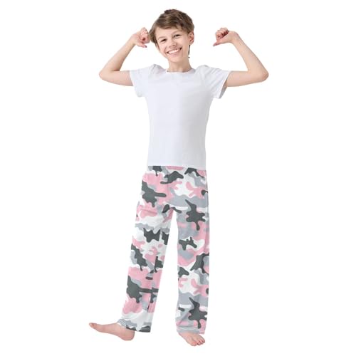 ZZXXB Pink Grey Camouflage Boys Long Pants Soft Trousers Elastic Waist Kids Lounge Bottoms with Pockets S-XL2