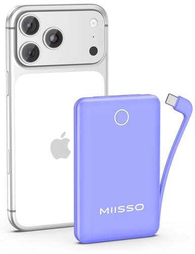 miisso 10000mAh Compatible with iPhone 15/16/17 and Android, Slim Portable Charger with Built in Cable, Power Bank Travel Charger External Battery Pack for Phone, 3 Output USB Type C Cord, Purple