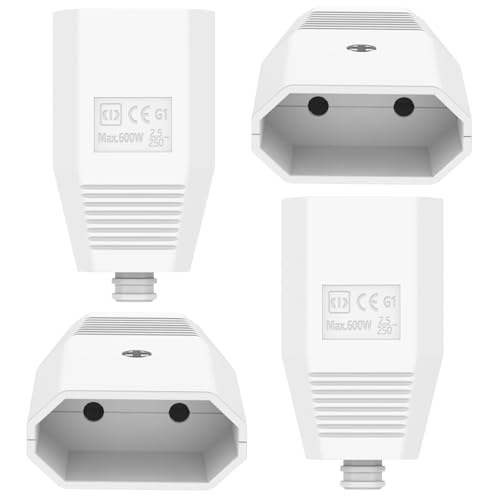 Oblinple 4 conectores europeos, planos, 250 V, IP20, de goma, color para enchufe Schuko, con protección contra torceduras, enchufes planos Schuko, enchufe plano de protección de contacto (4, blanco)