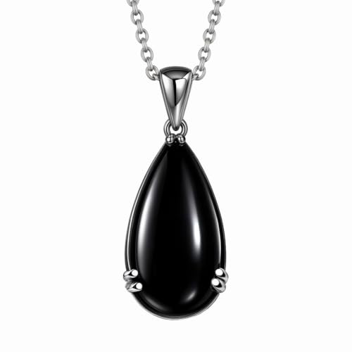 Onyx Necklace in 925 Sterling Silver - Black Teardrop Pendant Necklaces for Women - Silver Boho Pendant Birthstone Necklace with Stainless Steel Chain - 20