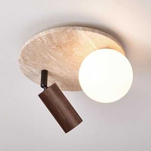 KXEcoLife Japanese Wabi-sabi Yellow Travertine Ceiling Light,Adjustable Wood Round Spotlight,Nordic Milk White Globe Lamp for Living Room Bedroom Corridor Hall(Walnut Spotlight)