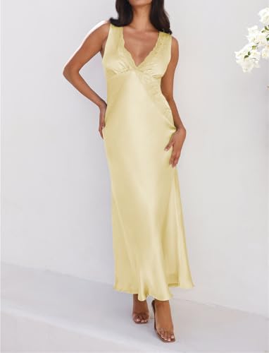 BAGONE Summer Satin Lace V Neck Backless Wedding Guest Maxi Dresses for Women Elegant Sleeveless Open Back Cocktail Dress4