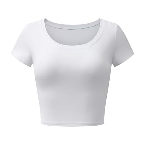 Formeet17 Women's Basic Short Sleeve Crop Tops Scoop Neck Slim Fitted Ribbed Knit Shirts (Medium, White) Cover