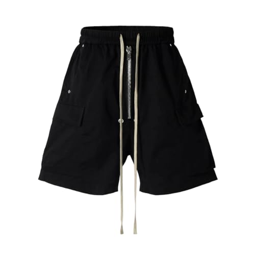 Pantalones cortos cargo con cordón para hombre, con cordón, cintura elástica, Negro, XL
