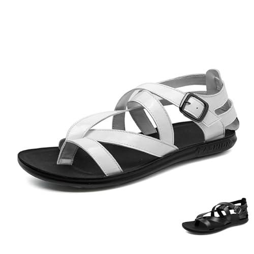 Men's Leather Thong Hollow Gladiator Strap Sandals Summer Casual Cross Strappy Low Top Roman Sandals Outdoor Comfy Adjustable Ankle Strap Beach Shoes