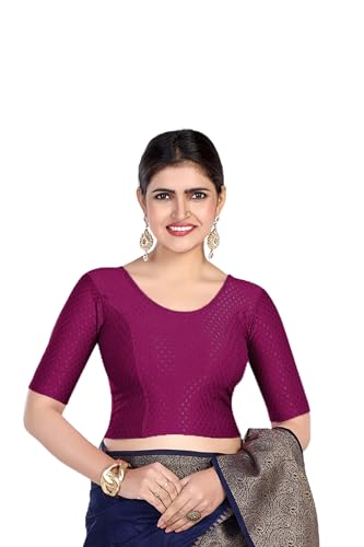 Image of FINESTFIT Round Neck Stretchable Elbow Sleeve Readymade Saree Blouse for Women, 100% Cotton Dobby Fabric