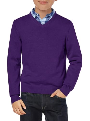Haloumoning Boys School Uniform Sweater Kids Long Sleeve V Neck Pullover Fall Winter Clothes 5-14 Years Purple
