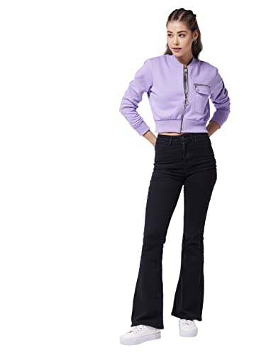Image of Miss Chase Women's Lavender Round Neck Full Sleeve Cotton Solid Bomber Crop Jacket