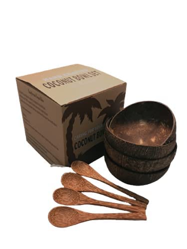 Karmic Seed Green Roots Organic Coconut Bowls-Hand Made From Coconut Shells And Polished With Organic Coconut Oil (4 Bowls And 4 Spoons) #TOP4