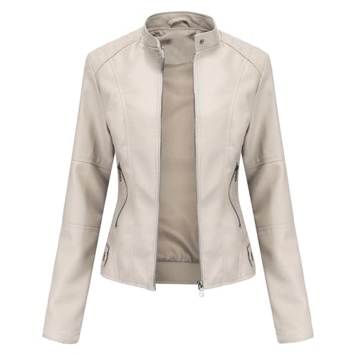 JellyLe Damen lederjacke aus Kunstleder figurbetonte Jacke dünne Motorradjacke für Frühling und Herbst in großen Größen mit Stehkragen (Beige M)