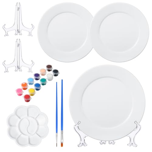 Affrolling Paint Your Own Porcelain Plates Ceramic Painting Kit Included 2 Pcs Porcelain Plates 2 Brushes 12 Paints 2 Stands Paint and 1 Pcs Color Palette Pottery Kit for Adults(Round)