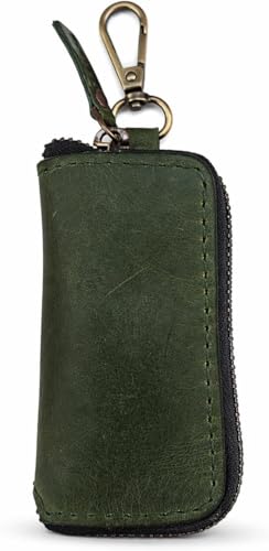 Image of Handmade Full Grain Leather Car Key Holder & Zippered Coin Purse | Belt Loop Key Chain, Compact Earphone Holder Multi-Functional Money Purse Elegant Leather Accessory Versatile Key Organizer (Green)