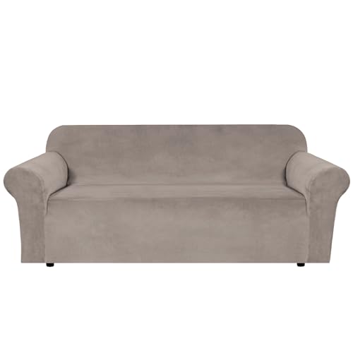H.VERSAILTEX Stretch Velvet Sofa Covers for 3 Cushion Couch Covers Sofa Slipcovers Furniture Protector Soft with Non Slip Elastic Bottom, Crafted from Thick Comfy Rich Velour (Sofa 72"-90", Taupe)
