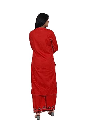 Image of Women's Slubby Kurti | Front Plaket with Emroidery and Buttons. Emroidery Work On Plazo | Straight Kurti and Pant | Round Collar Neck |Three Fourth Bell Sleeves
