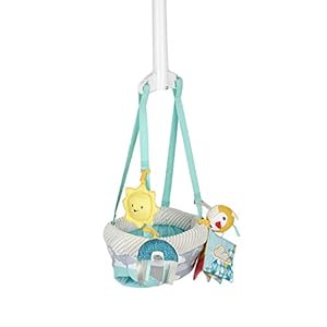 Evenflo Exersaucer Baby Hanging Clampable Doorway Jumper with 4 Removable Toys, Peek a Boo Flip -Book, and Mirror, Sweet Skies