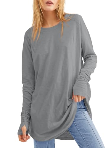 Fisoew Women's Casual Long Sleeve Tops Crew Neck Round Hem Loose T-Shirts Tunic Tops with Thumb Holes Grey