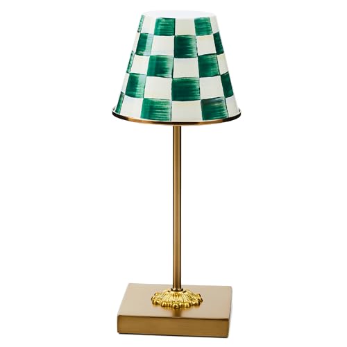 Image of MACKENZIE-CHILDS LED Rechargeable Cafe Table Lamp, Cordless Decorative Lamp, Green-and-White Emerald Check