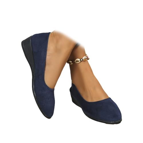 Women's Comfortable Arch Support Wedge Slip-On Shoes, Lightweight Non-Slip Shoes Low Heel Wedge Casual Work Ballerina Court Shoes (Blue,6.5)
