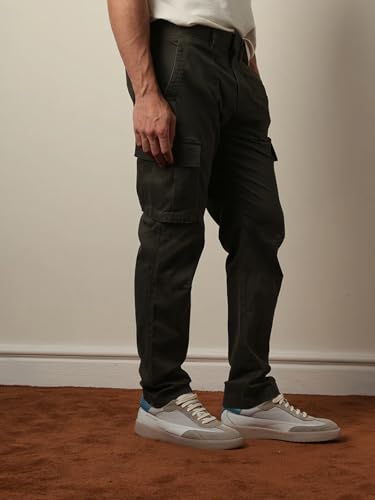 Image of Vogaan Men Solid Relaxed Fit Cotton Blend Cargo Trousers with Utility Pocket